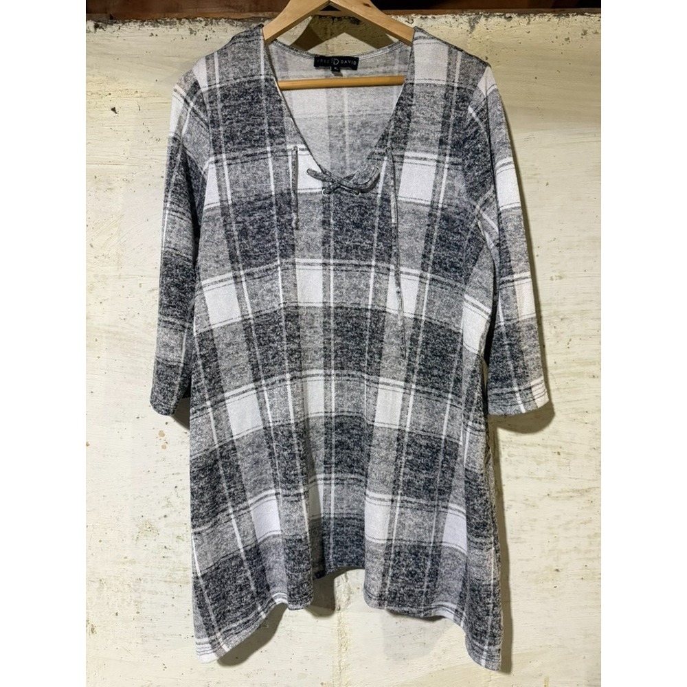 Fred David Womens 1X Grey White Plaid Lace Up V-Neck Tunic Top Grunge Layering